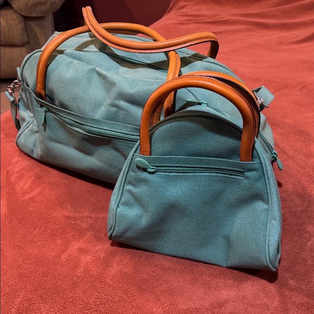 Green Tote Bag with Brown Handles and small matching tote 20”Lx11”Hx9”D